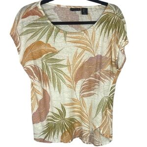 Tahari 100% Linen Green and Orange Tropical Short Sleeve Top Size Large